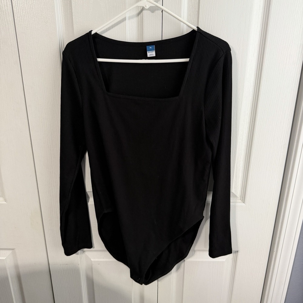 Old Navy Black Ribbed Square Neck Long Sleeve Bodysuit Women's Size XL Preppy